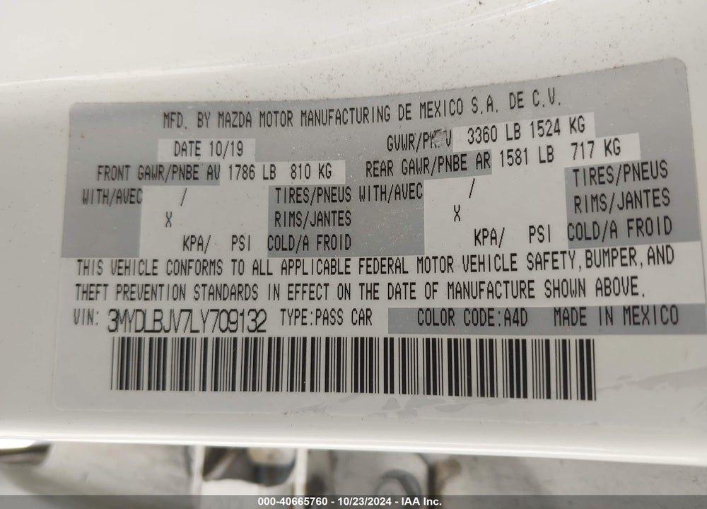 2020 TOYOTA YARIS LE VIN: 3MYDLBJV7LY709132