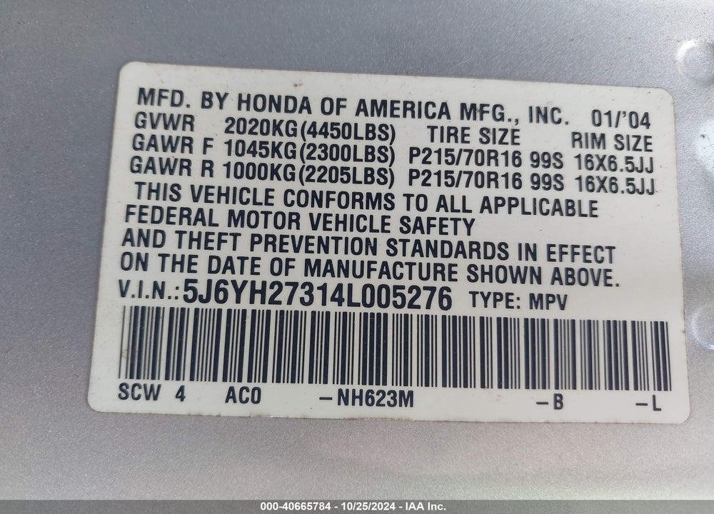 2004 HONDA ELEMENT LX VIN: 5J6YH27314L005276