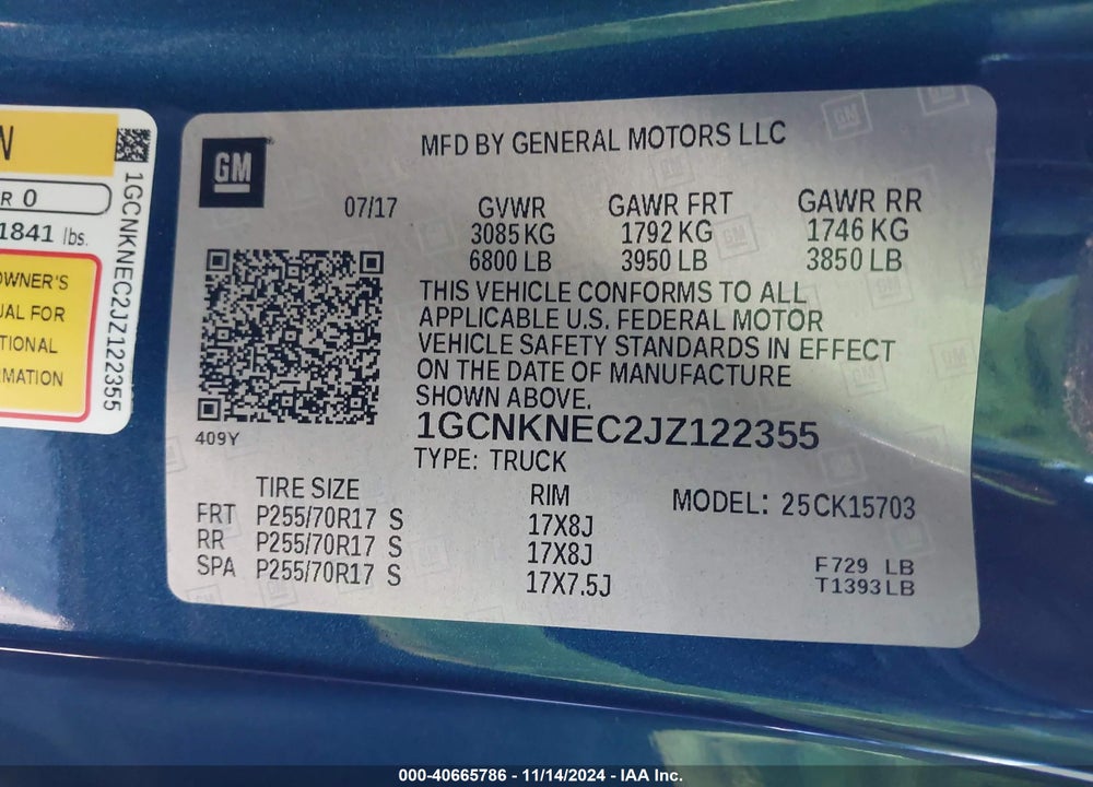 2018 CHEVROLET SILVERADO 1500 WT VIN: 1GCNKNEC2JZ122355