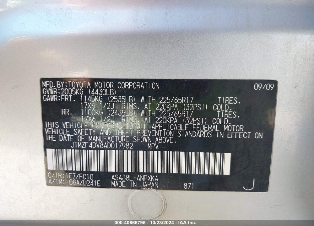 2010 TOYOTA RAV4 VIN: JTMZF4DV8AD017982