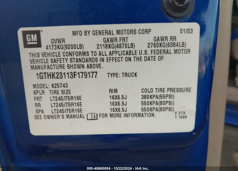 2003 GMC SIERRA 2500HD SLE VIN: 1GTHK23113F179177
