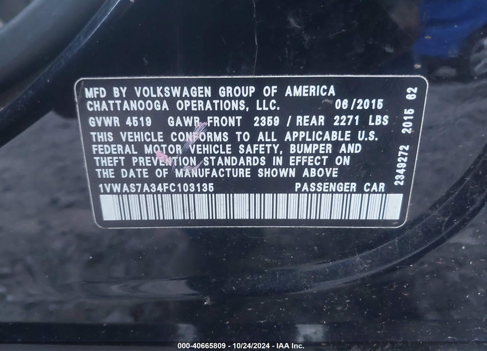 2015 VOLKSWAGEN PASSAT 1.8T S VIN: 1VWAS7A34FC103135