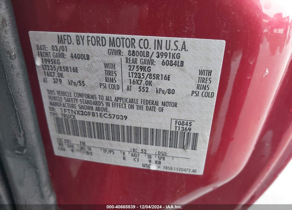 2001 FORD F-250 LARIAT/XL/XLT VIN: 1FTNX20F81EC57039