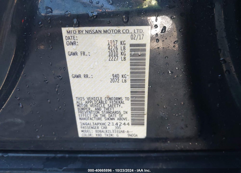 2017 NISSAN ALTIMA 2.5 SL VIN: 1N4AL3APXHC214244