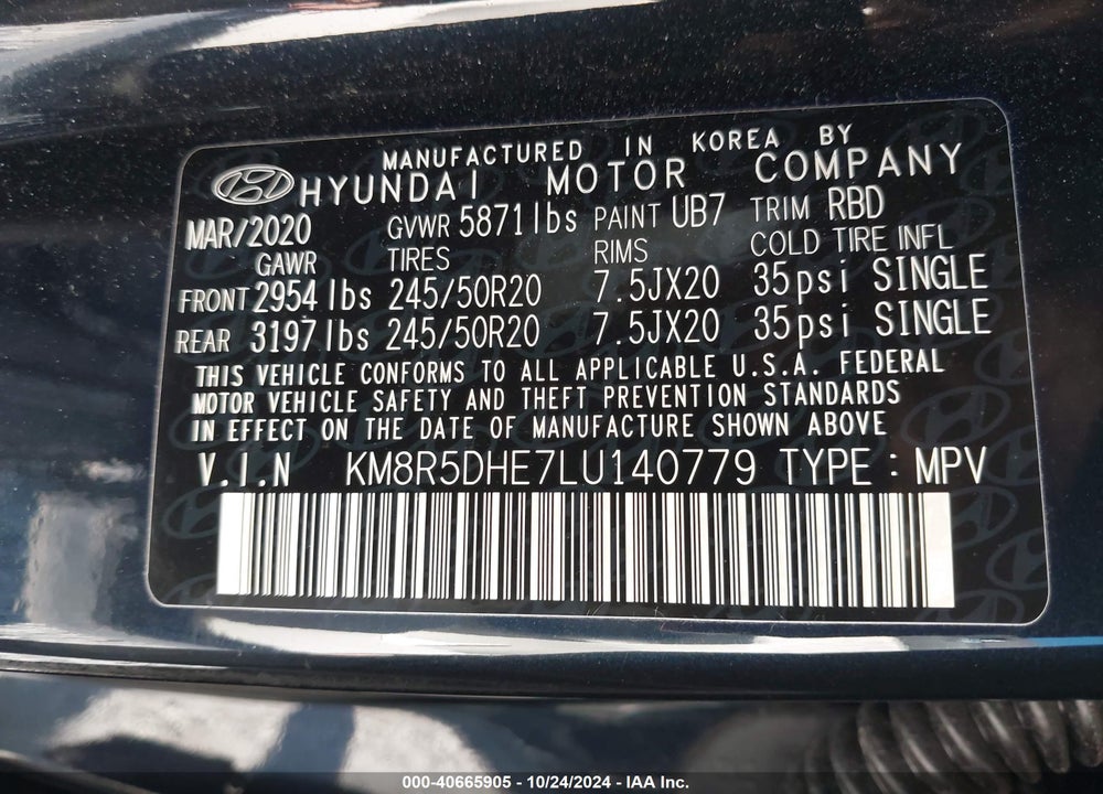 2020 HYUNDAI PALISADE LIMITED VIN: KM8R5DHE7LU140779