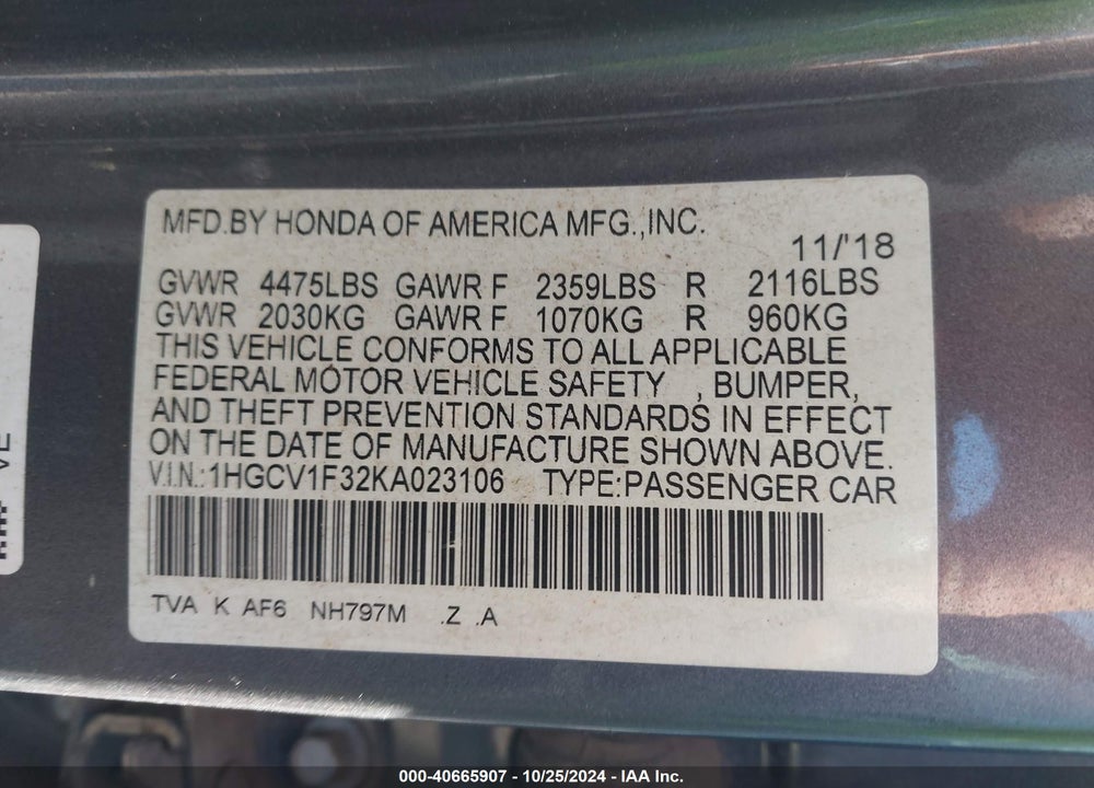 2019 HONDA ACCORD SPORT VIN: 1HGCV1F32KA023106