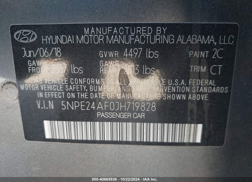 2018 HYUNDAI SONATA SE VIN: 5NPE24AF0JH719828