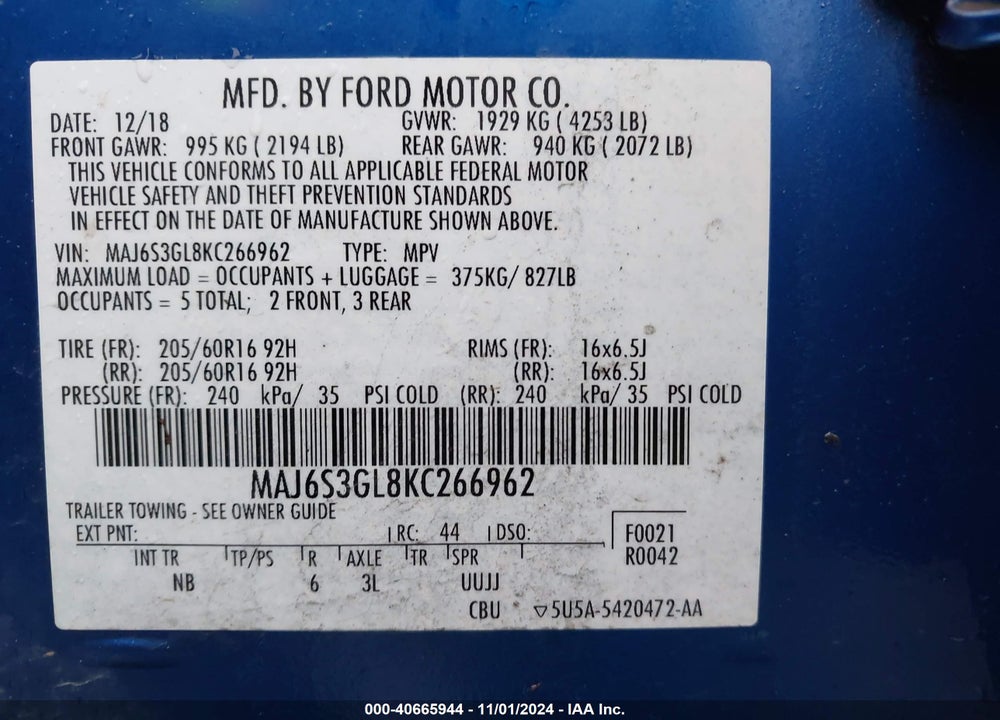 2019 FORD ECOSPORT SE VIN: MAJ6S3GL8KC266962
