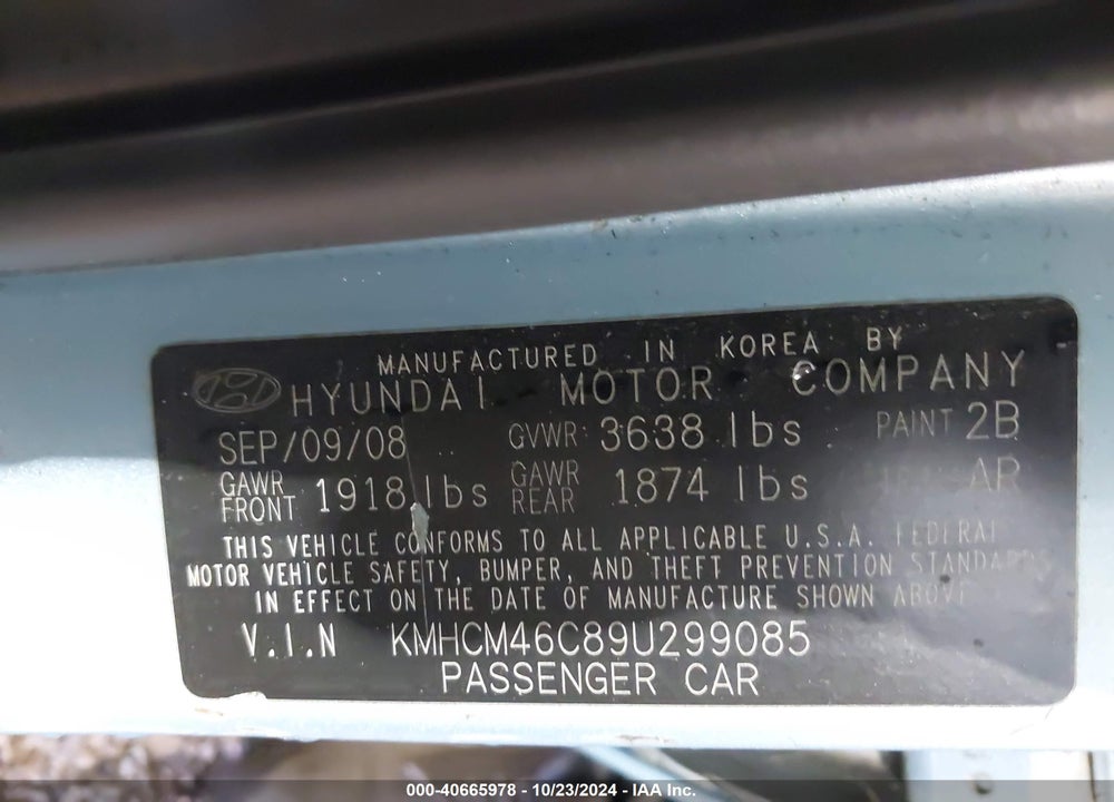 2009 HYUNDAI ACCENT GLS VIN: KMHCM46C89U299085