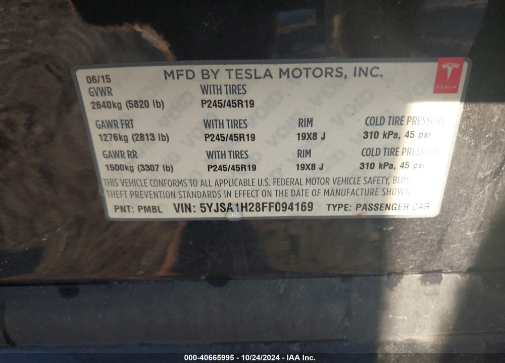2015 TESLA MODEL S VIN: 5YJSA1H28FF094169