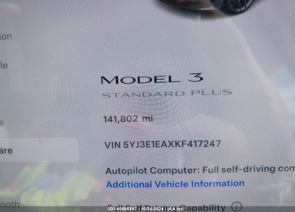2019 TESLA MODEL 3 LONG RANGE/MID RANGE/STANDARD RANGE/STANDARD RANGE PLUS VIN: 5YJ3E1EAXKF417247