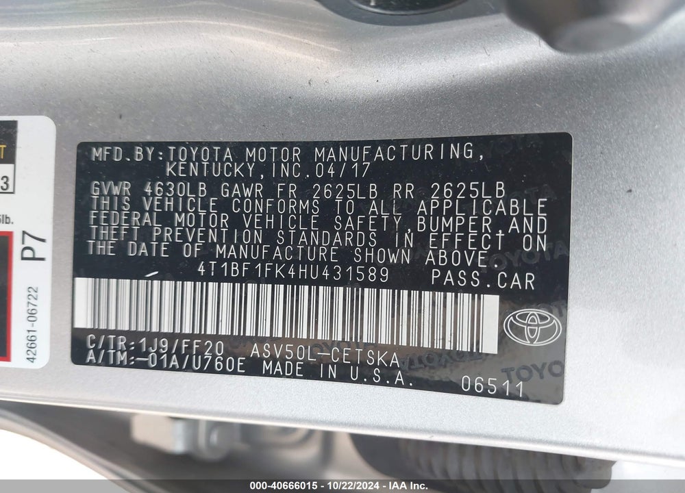 2017 TOYOTA CAMRY SE VIN: 4T1BF1FK4HU431589