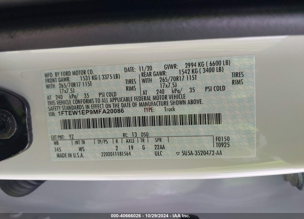 2021 FORD F-150 XL VIN: 1FTEW1EP9MFA20086