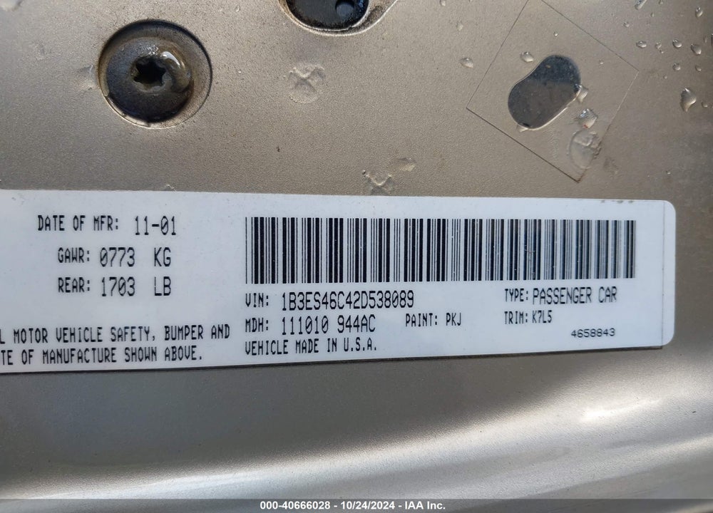 2002 DODGE NEON SE VIN: 1B3ES46C42D538089