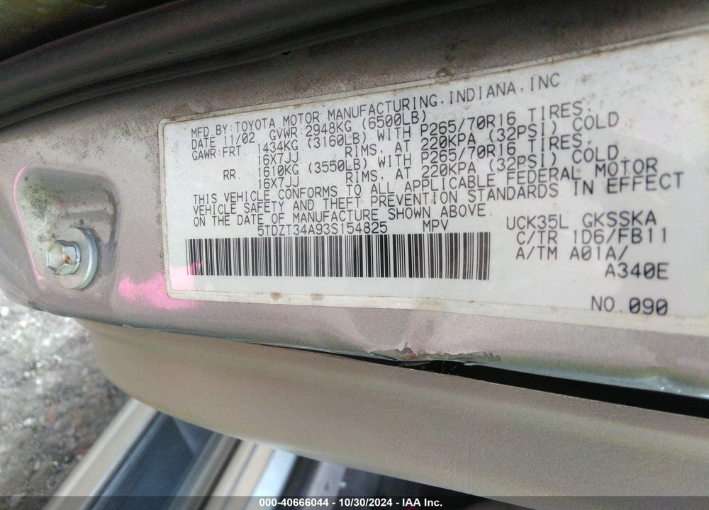 2003 TOYOTA SEQUOIA SR5 V8 VIN: 5TDZT34A93S154825