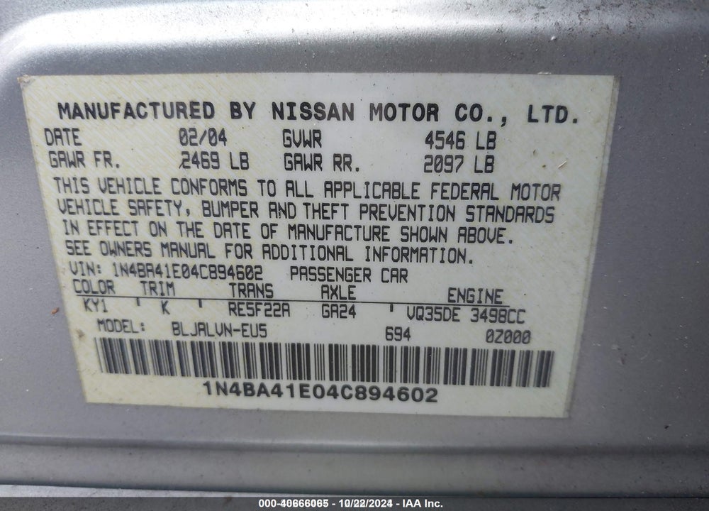 2004 NISSAN MAXIMA 3.5 SL VIN: 1N4BA41E04C894602