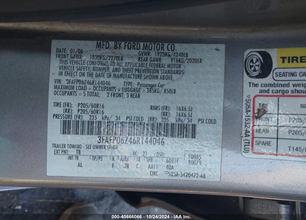 2006 FORD FUSION S VIN: 3FAFP06Z46R144046