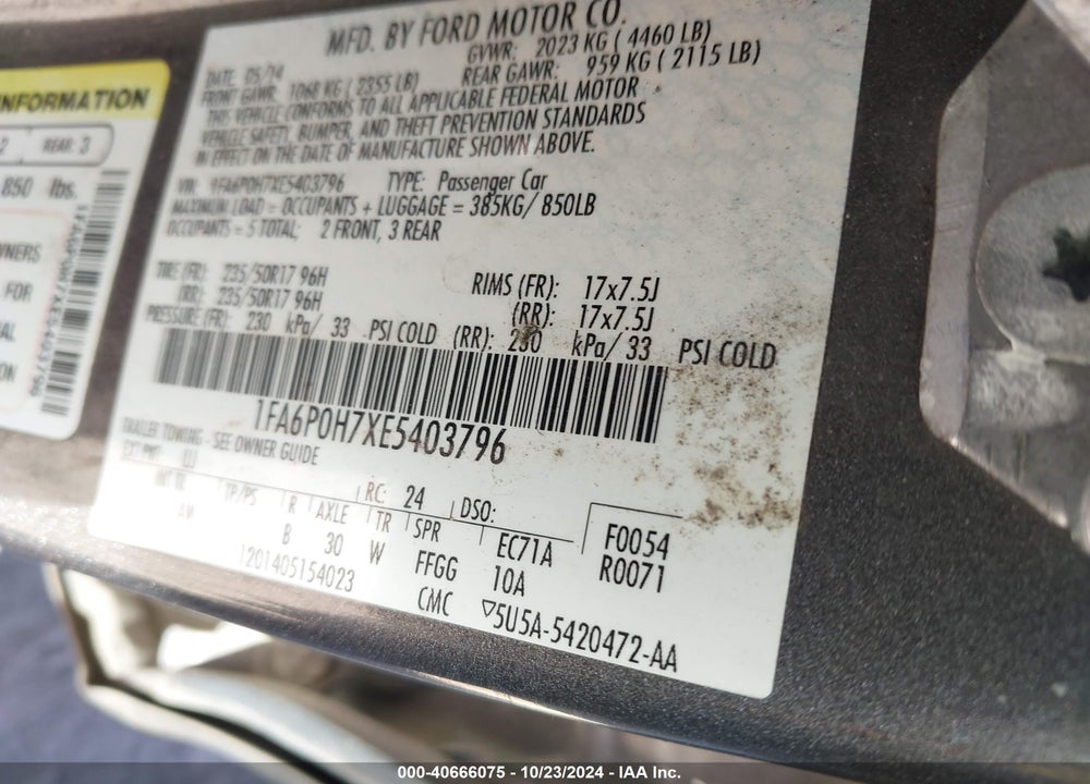 2014 FORD FUSION SE VIN: 1FA6P0H7XE5403796