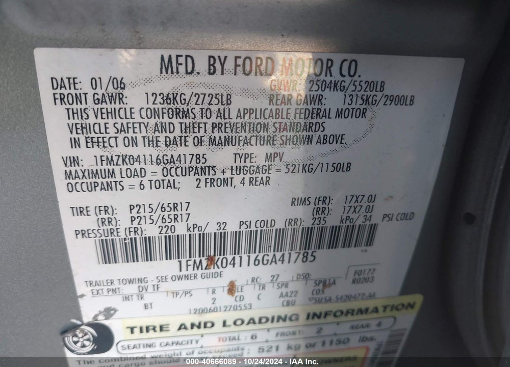 2006 FORD FREESTYLE SE VIN: 1FMZK04116GA41785