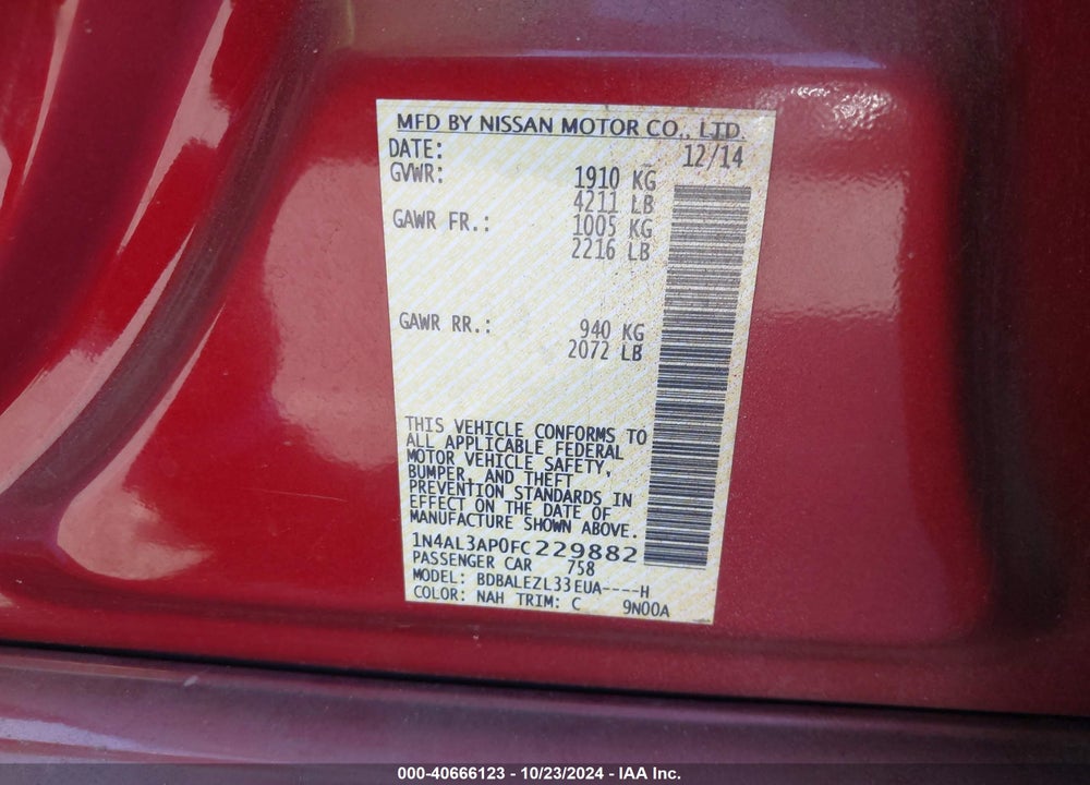 2015 NISSAN ALTIMA 2.5 S VIN: 1N4AL3AP0FC229882