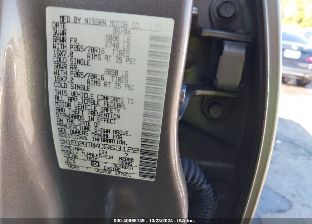 2004 NISSAN XTERRA XE VIN: 5N1ED28T04C663122