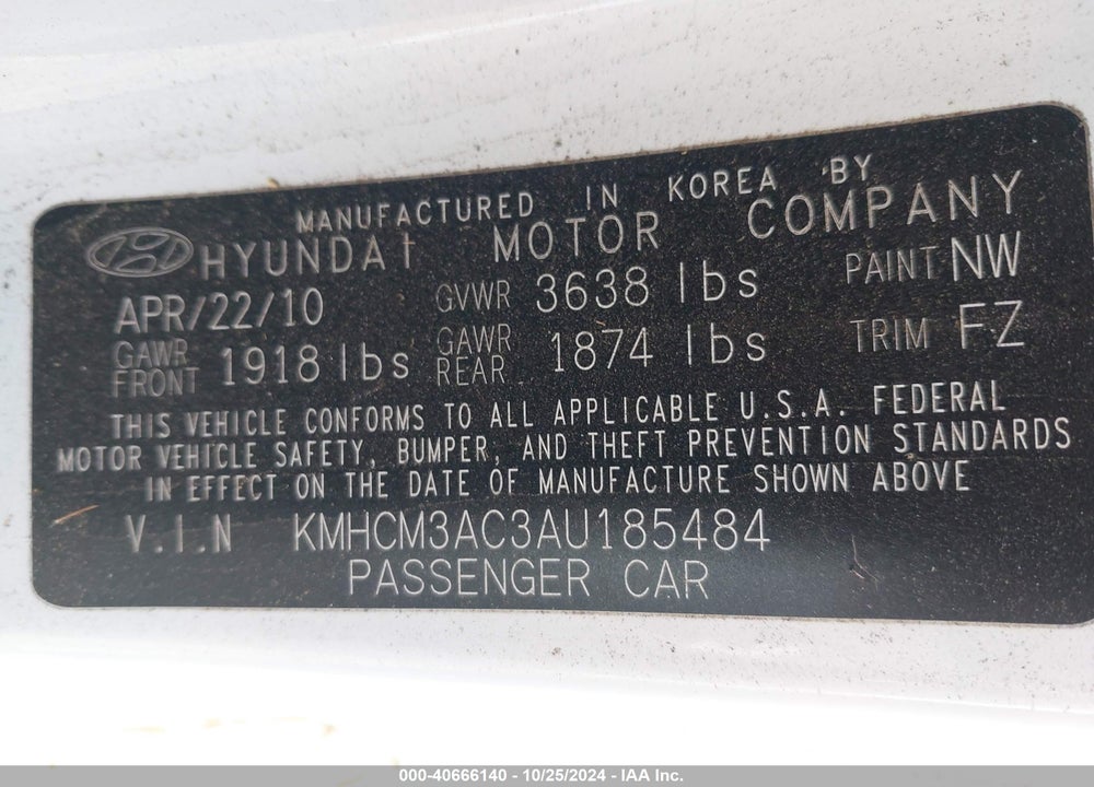 2010 HYUNDAI ACCENT GS VIN: KMHCM3AC3AU185484