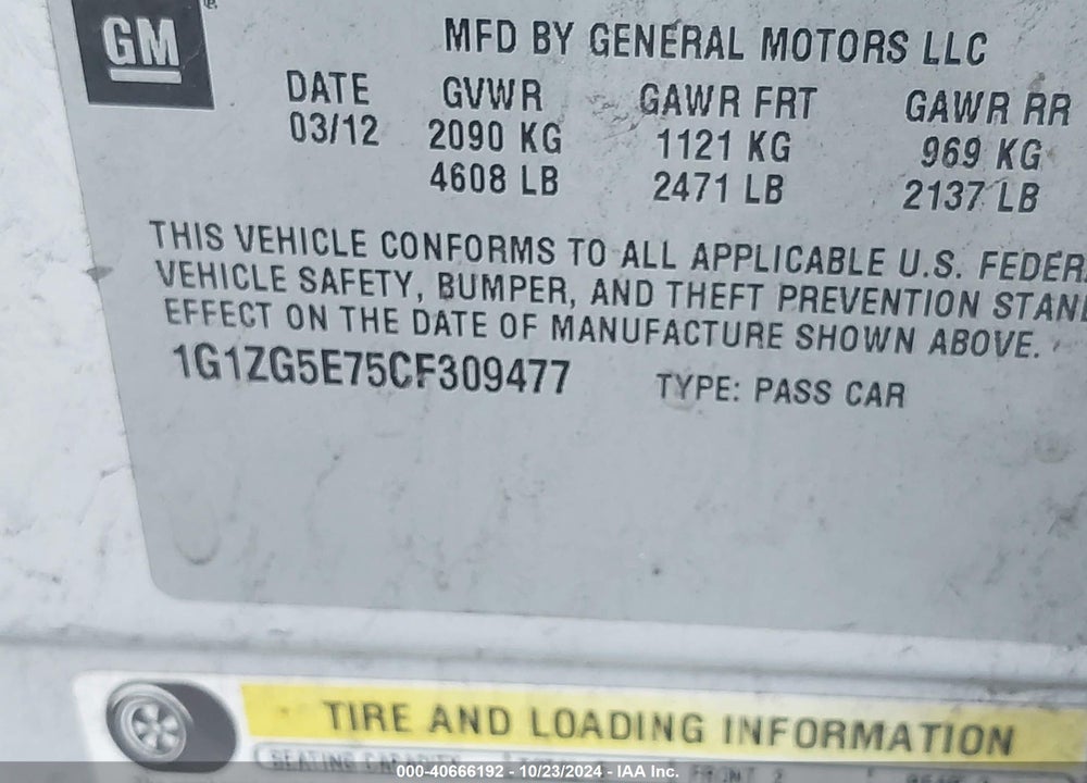 2012 CHEVROLET MALIBU VIN: 1G1ZG5E75CF309477