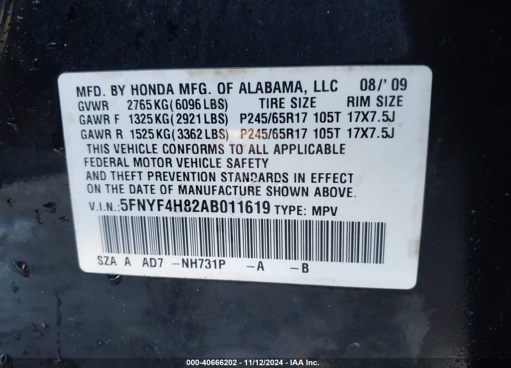 2010 HONDA PILOT TOURING VIN: 5FNYF4H82AB011619