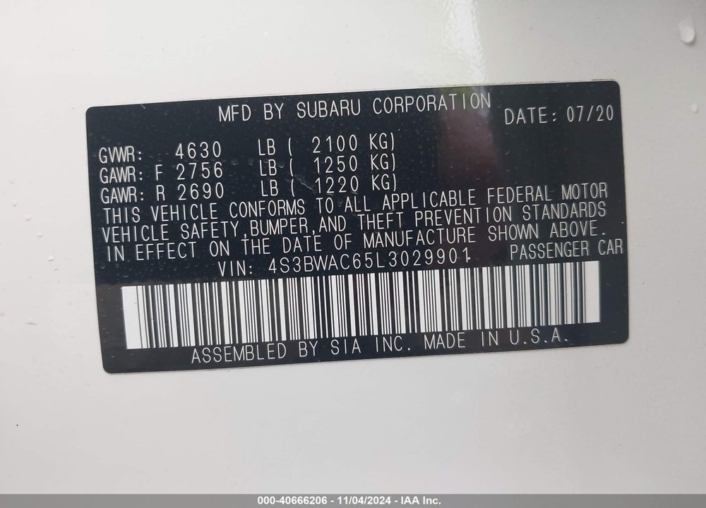 2020 SUBARU LEGACY PREMIUM VIN: 4S3BWAC65L3029901