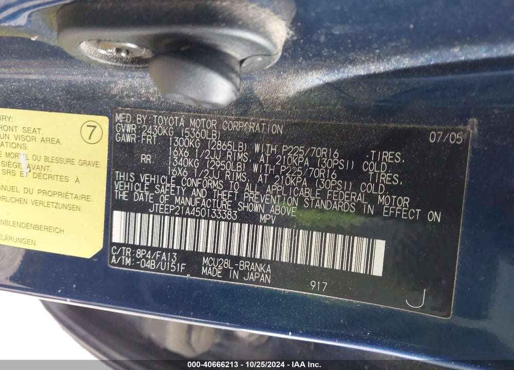 2005 TOYOTA HIGHLANDER V6 VIN: JTEEP21A450133383