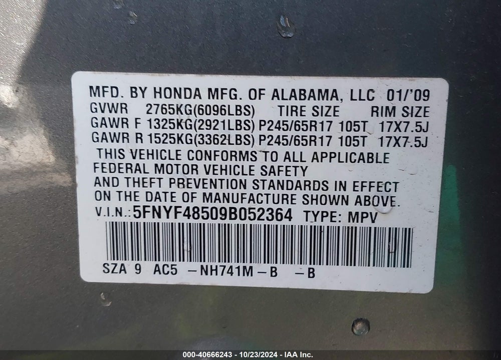 2009 HONDA PILOT EX-L VIN: 5FNYF48509B052364