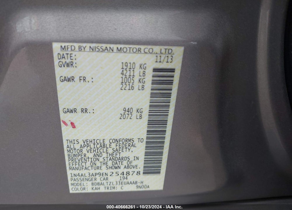 2014 NISSAN ALTIMA 2.5 SV VIN: 1N4AL3AP9EN254878
