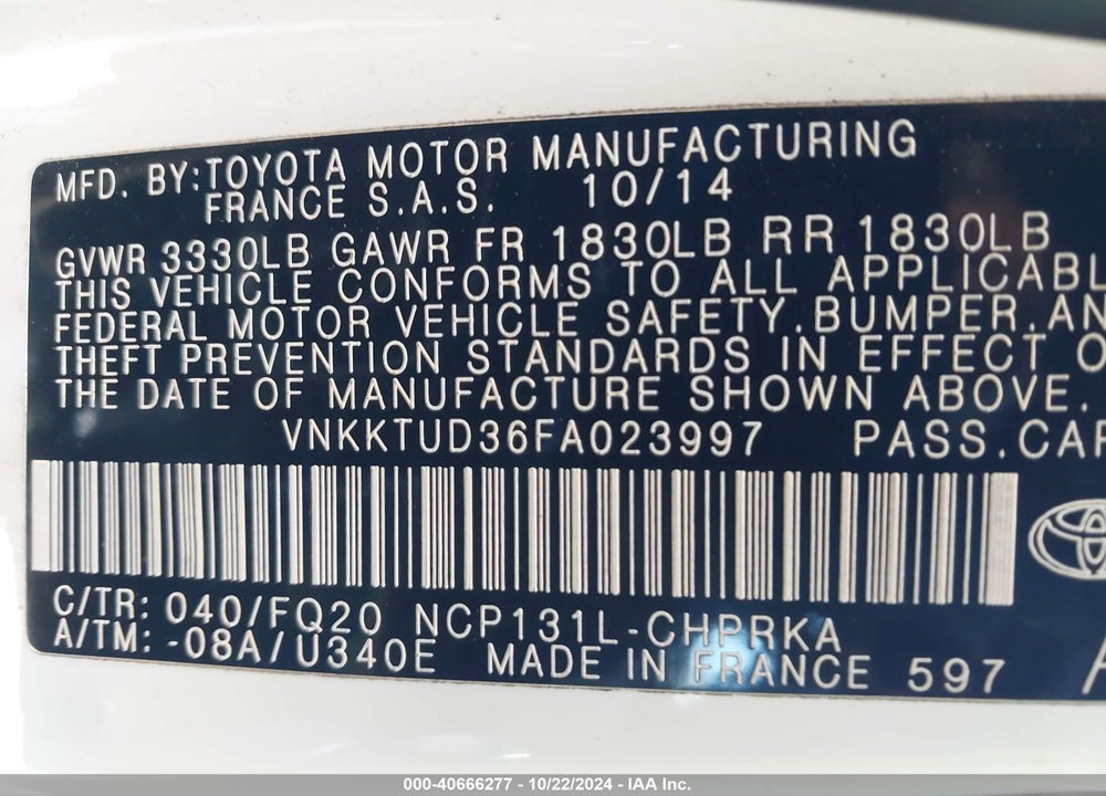 2015 TOYOTA YARIS L VIN: VNKKTUD36FA023997