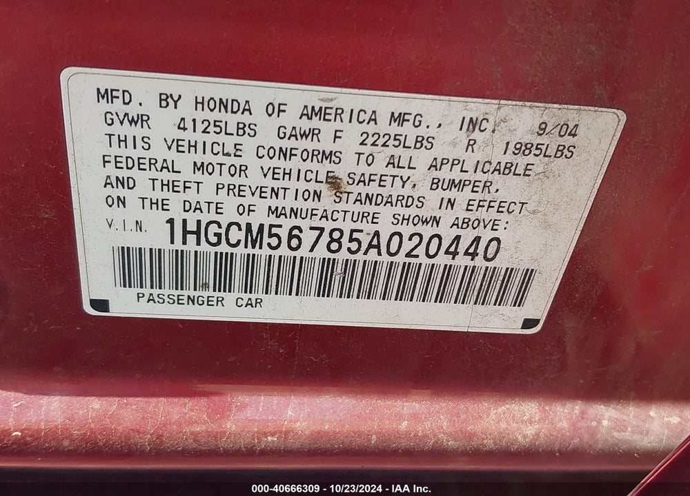 2005 HONDA ACCORD 2.4 EX VIN: 1HGCM56785A020440