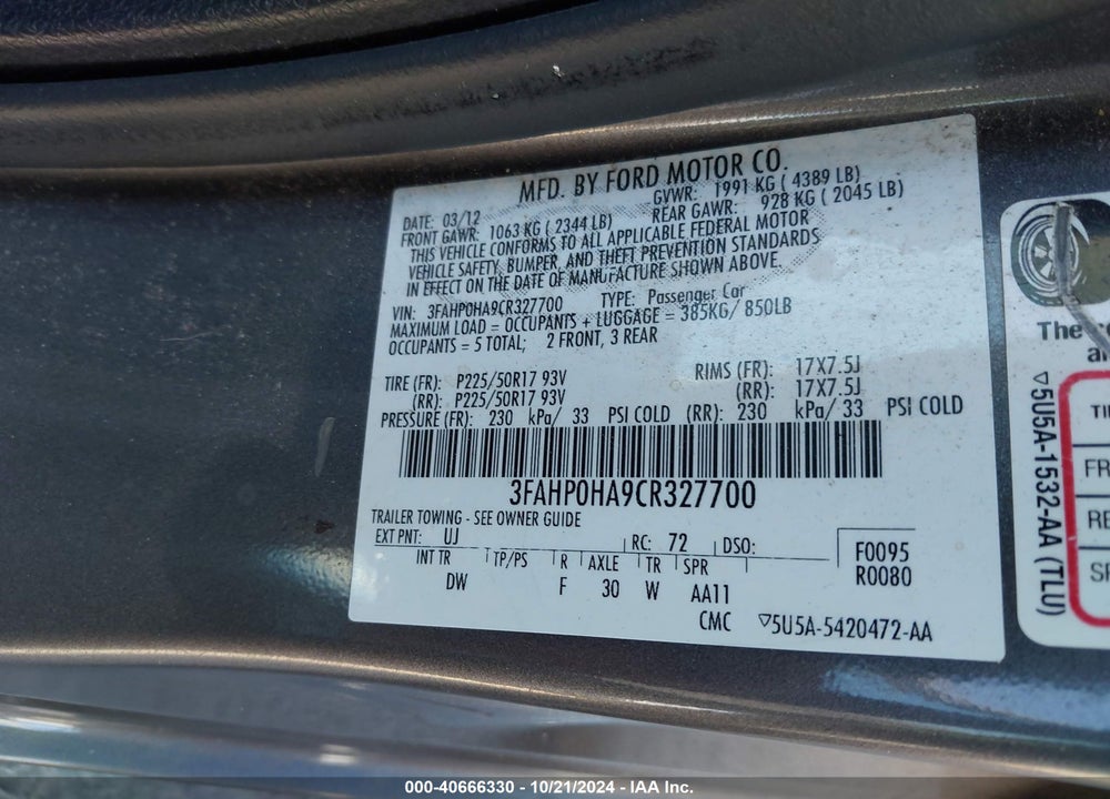2012 FORD FUSION SE VIN: 3FAHP0HA9CR327700