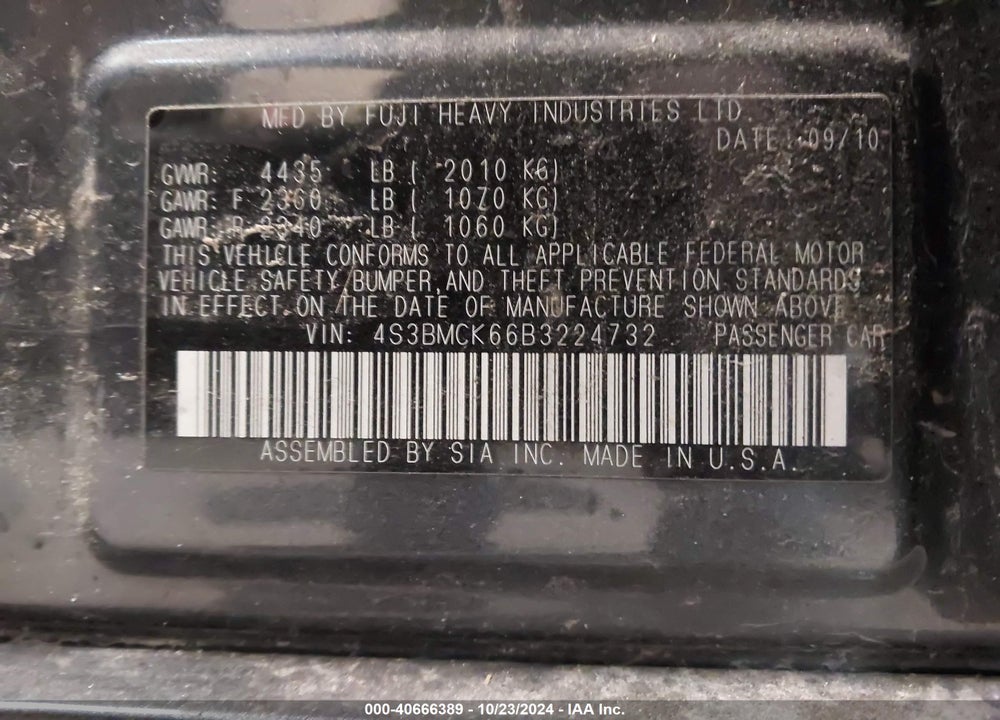 2011 SUBARU LEGACY 2.5I LIMITED VIN: 4S3BMCK66B3224732