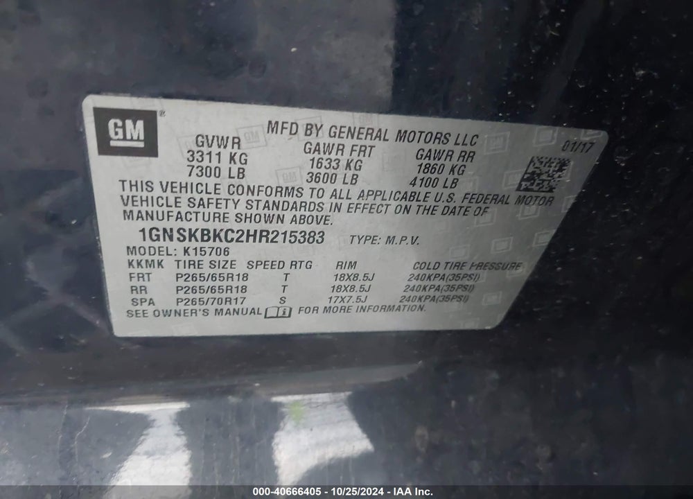 2017 CHEVROLET TAHOE LT VIN: 1GNSKBKC2HR215383