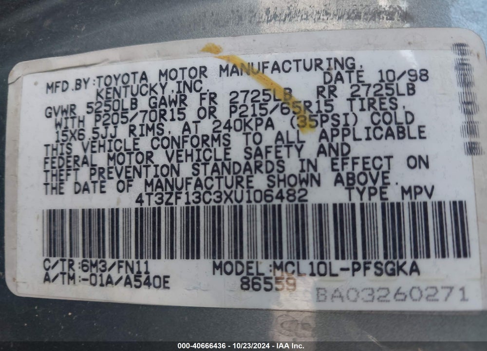 1999 TOYOTA SIENNA LE VIN: 4T3ZF13C3XU106482