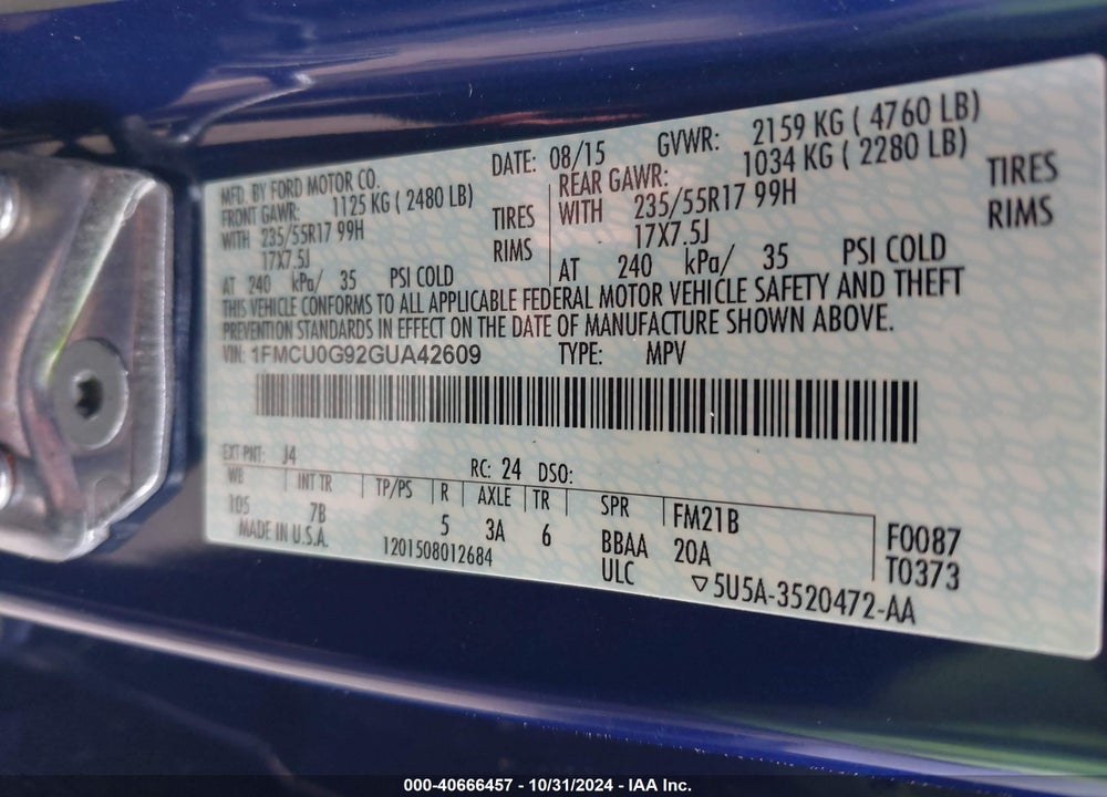 2016 FORD ESCAPE VIN: 1FMCU0G92GUA42609