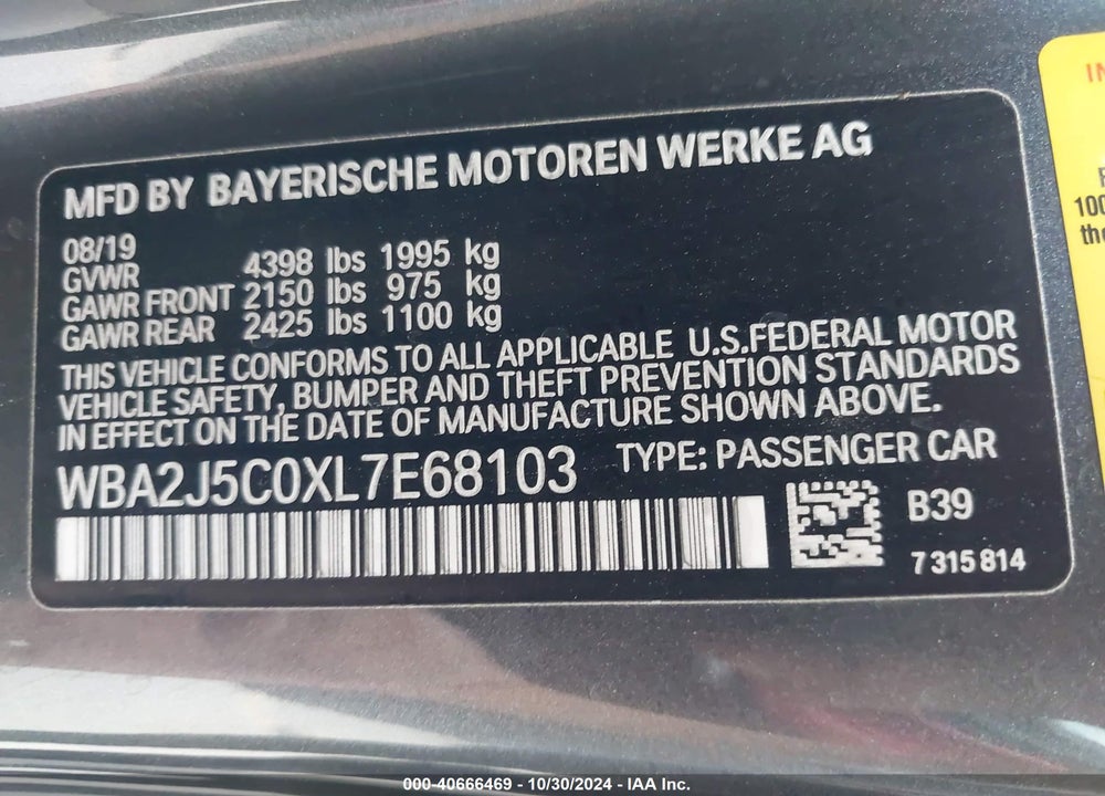 2020 BMW M240I VIN: WBA2J5C0XL7E68103