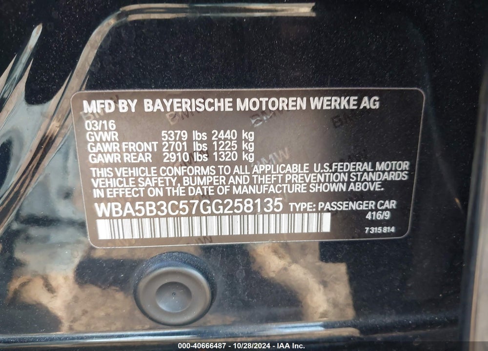 2016 BMW 535I XDRIVE VIN: WBA5B3C57GG258135