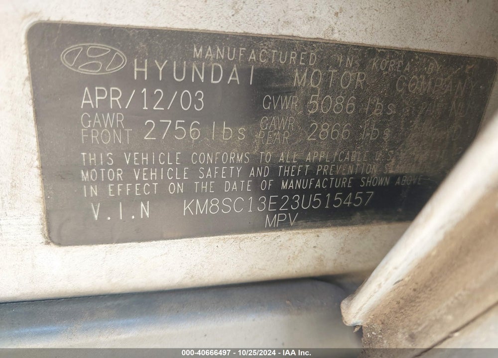 2003 HYUNDAI SANTA FE GLS/LX VIN: KM8SC13E23U515457