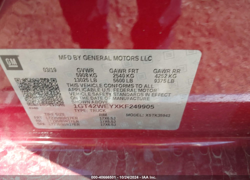 2019 GMC SIERRA 3500HD DENALI VIN: 1GT42WEYXKF249905