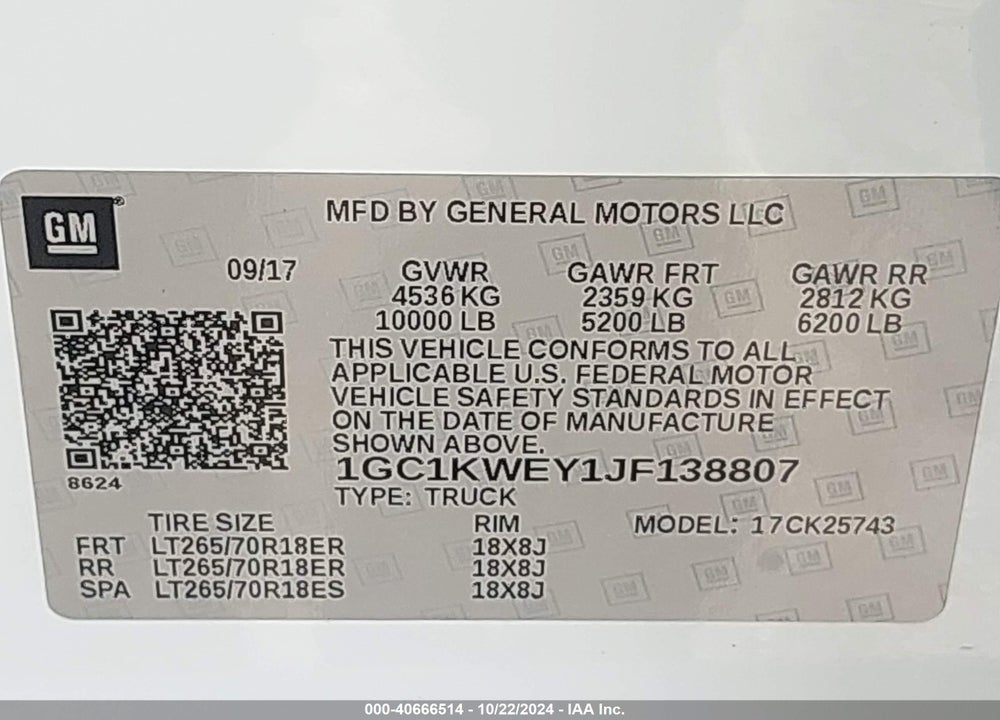 2018 CHEVROLET SILVERADO 2500HD LTZ VIN: 1GC1KWEY1JF138807