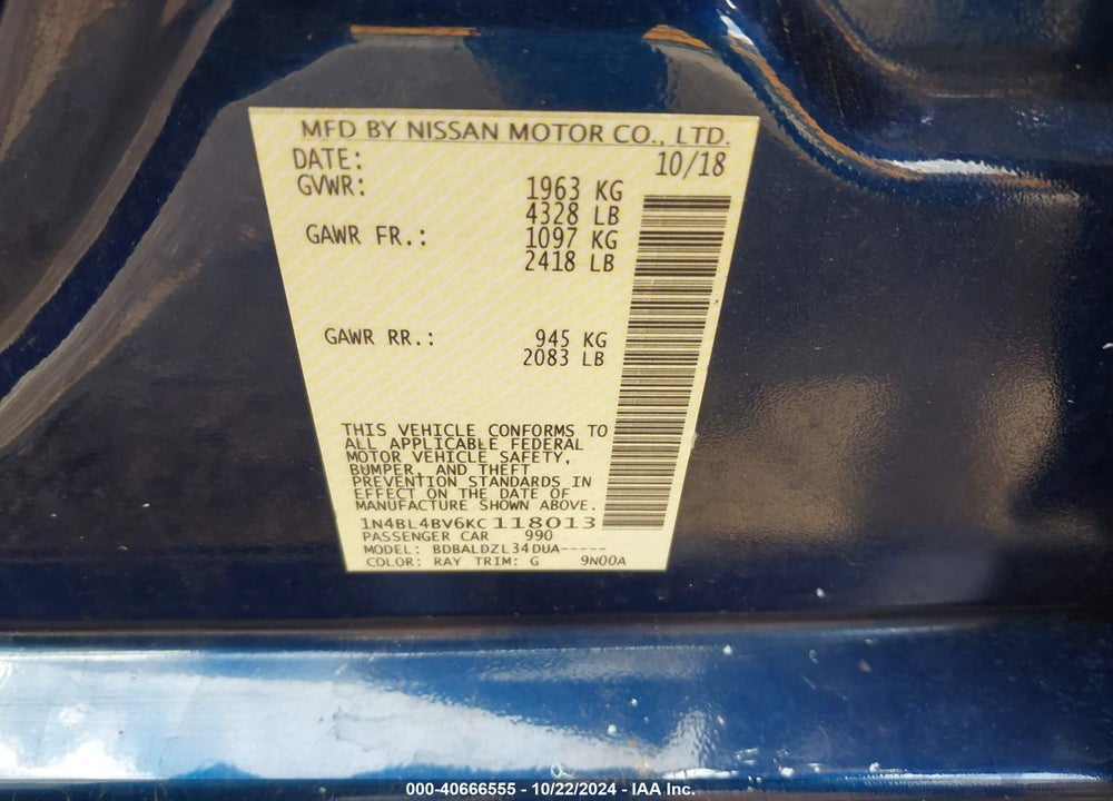 2019 NISSAN ALTIMA 2.5 S VIN: 1N4BL4BV6KC118013