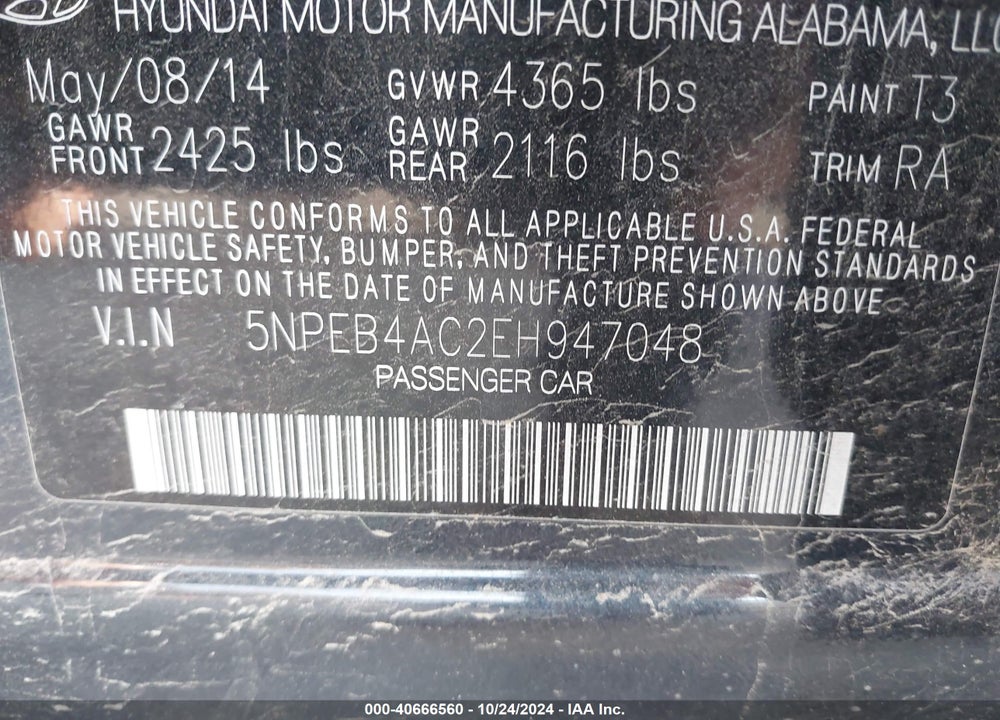 2014 HYUNDAI SONATA GLS VIN: 5NPEB4AC2EH947048