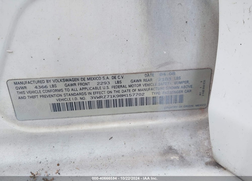 2008 VOLKSWAGEN JETTA SE VIN: 3VWRZ71K98M157702