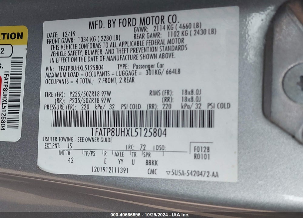 2020 FORD MUSTANG ECOBOOST PREMIUM VIN: 1FATP8UHXL5125804