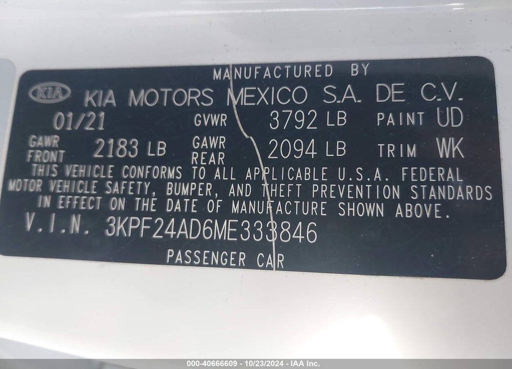 2021 KIA FORTE VIN: 3KPF24AD6ME333846