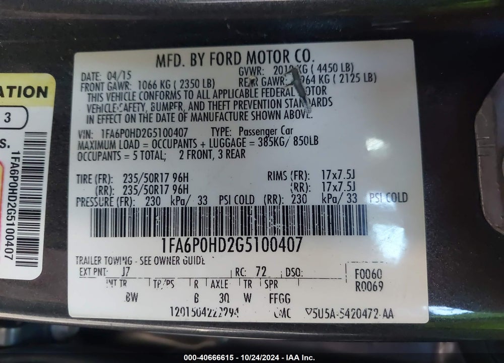 2016 FORD FUSION SE VIN: 1FA6P0HD2G5100407